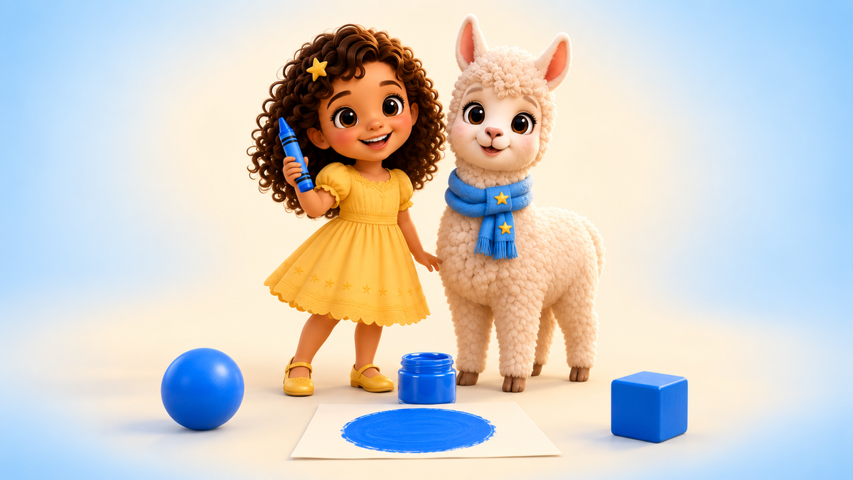 Lumi and Lala discover blue with a blue crayon, ball, paint and cube.