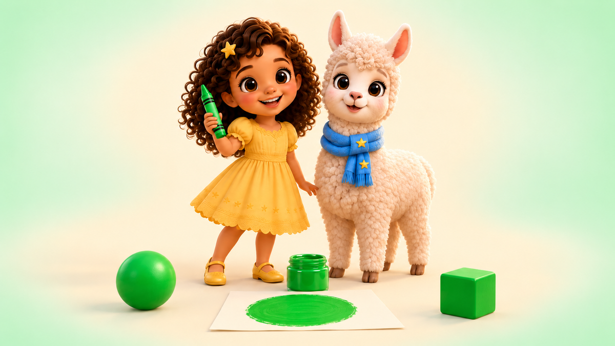 Lumi and Lala discover green with a green crayon, ball, paint and cube.